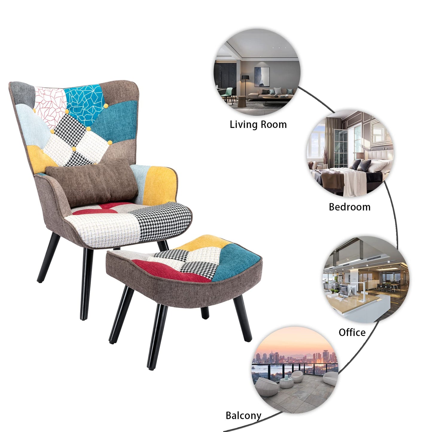 HomeMiYN Patchwork Chair,Accent Armchair with Ottoman Single Sofa Chair Blue US