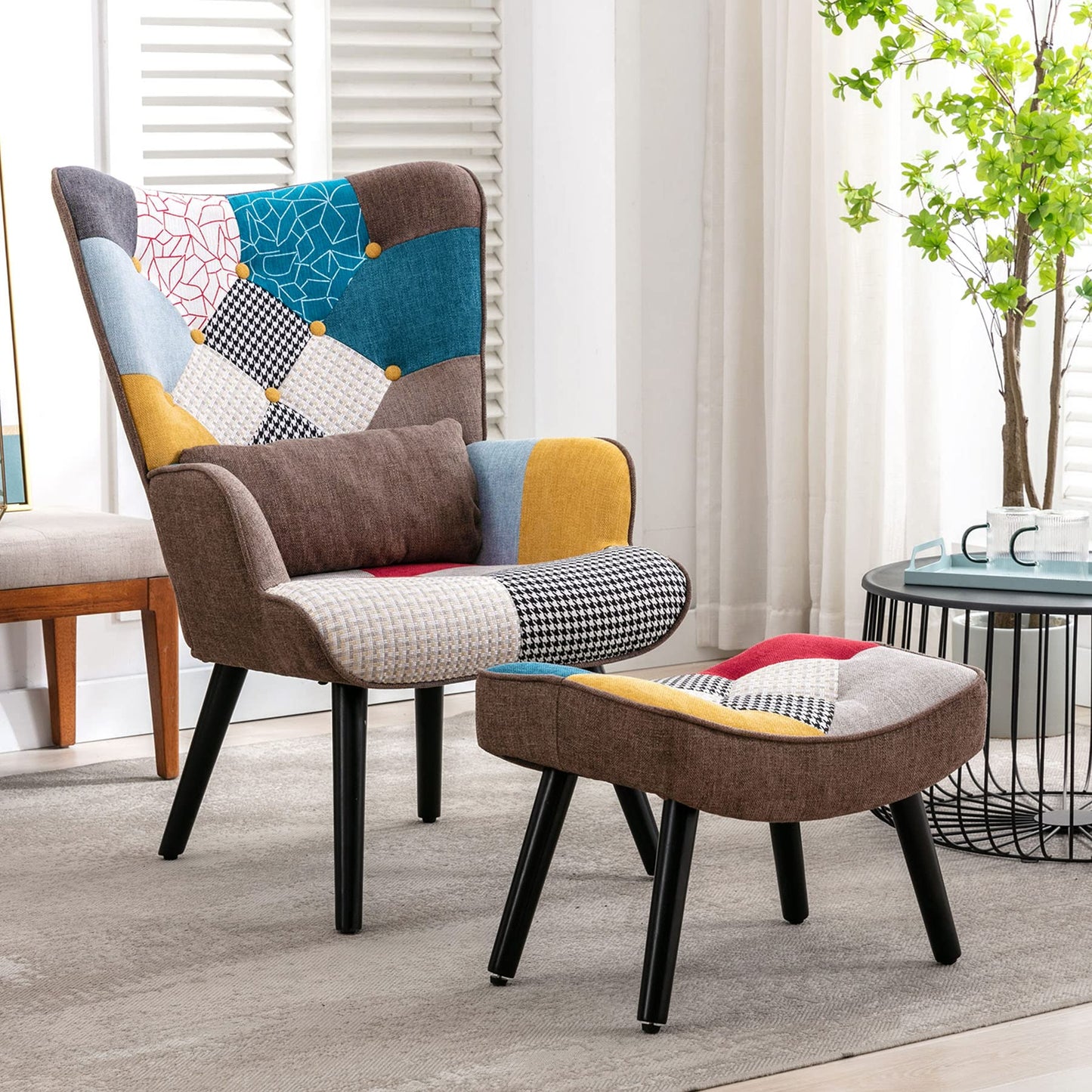 HomeMiYN Patchwork Chair,Accent Armchair with Ottoman Single Sofa Chair Blue US