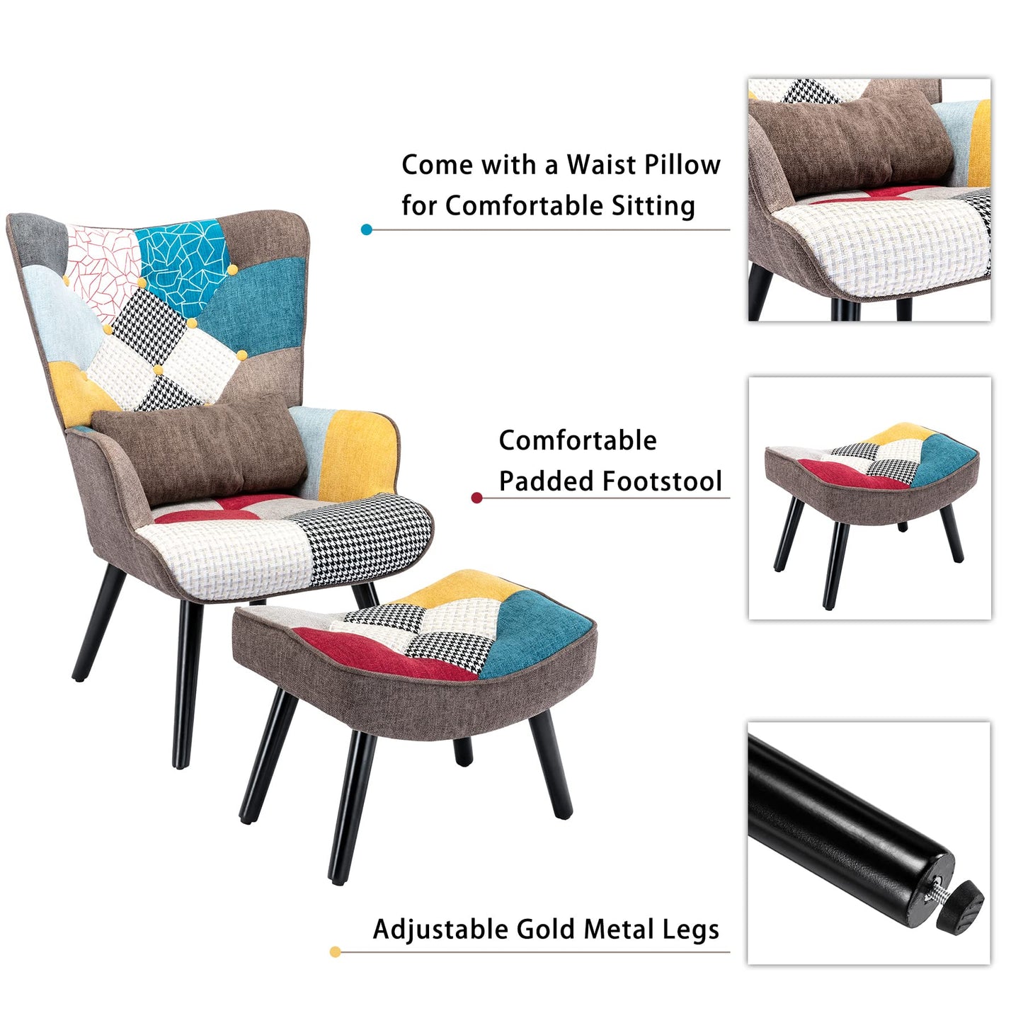 HomeMiYN Patchwork Chair,Accent Armchair with Ottoman Single Sofa Chair Blue US
