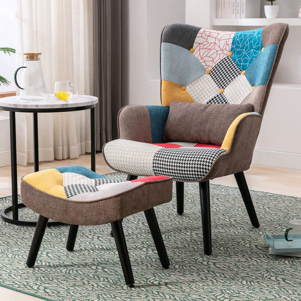 HomeMiYN Patchwork Chair,Accent Armchair with Ottoman Single Sofa Chair Blue