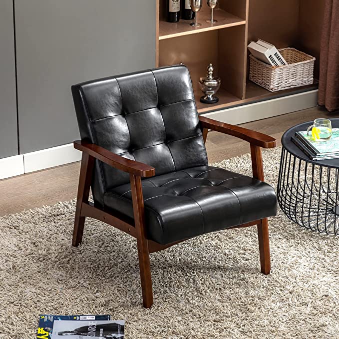 HomeMiYN Mid-Century Armchairs Retro Tufted Faux Leather Accent Chair