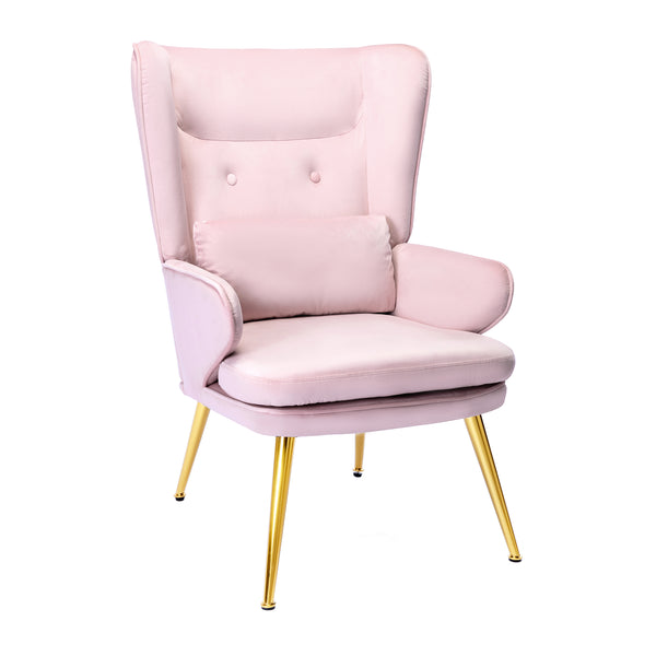HomeMiYN Velvet Upholstered Chair with Solid Wood Legs and Waist Pillow Pink