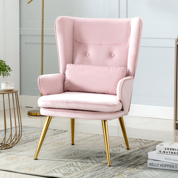 HomeMiYN Velvet Upholstered Chair with Solid Wood Legs and Waist Pillow Pink