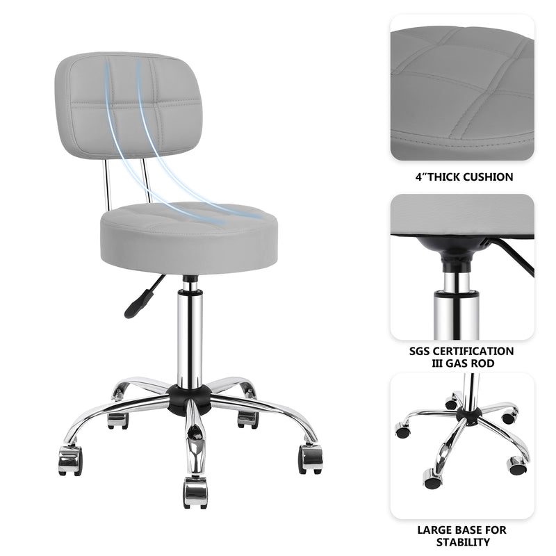 Swivel Round Rolling Stool with Backrest Tattoo Computer Lounge Dinning Pub Gray