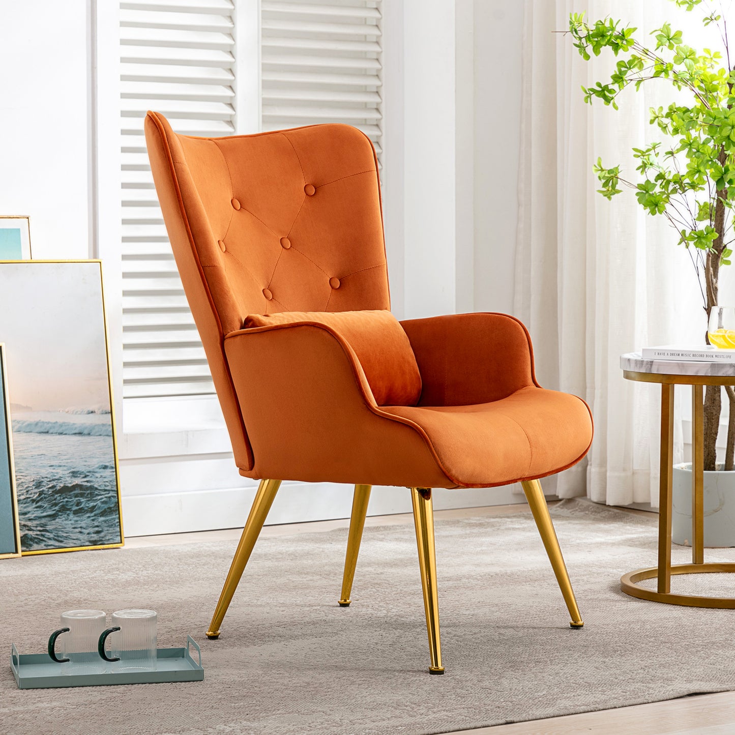 HomeMiYN Velvet Accent Chair Tufted Buttoned Wingback Armchair Orange