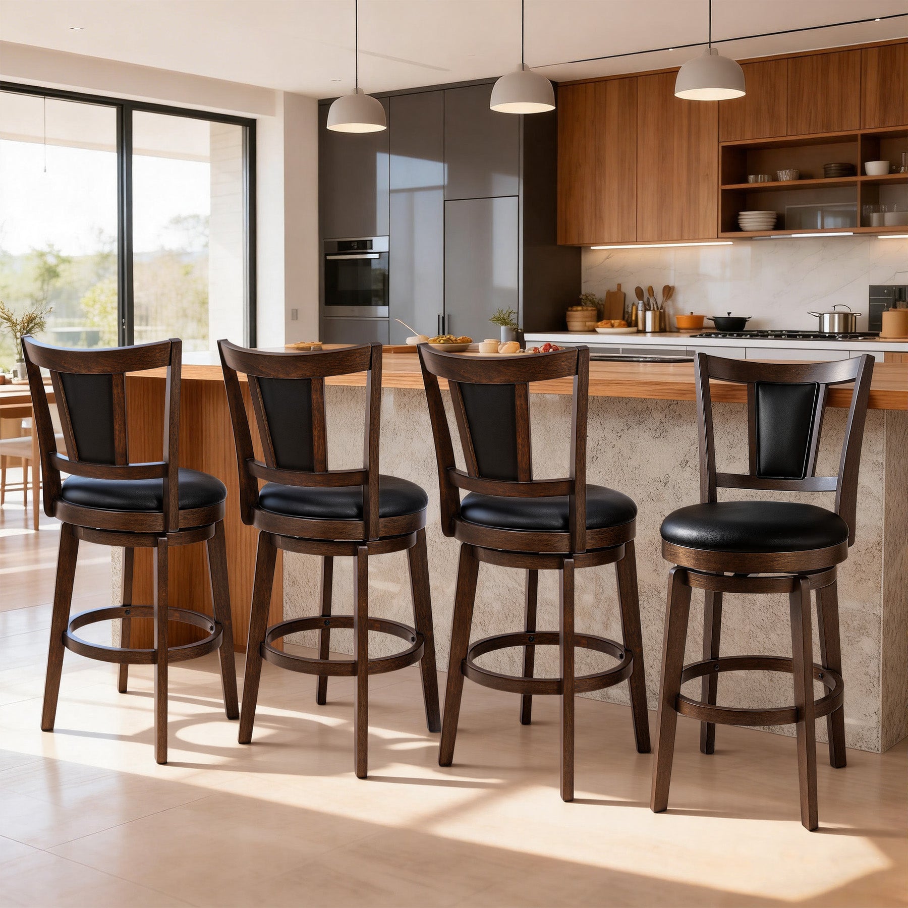 2 Set of Swivel Bar Stool with Square Padded Back & Seat – Mid-Century Modern Counter Height Chair