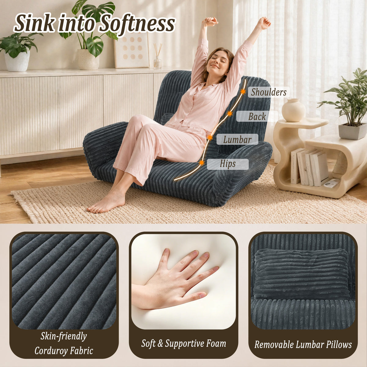HomeMiYN Striped Plush Foldable Lazy Recliner Armchair with Cushion for Living Room and Bedroom