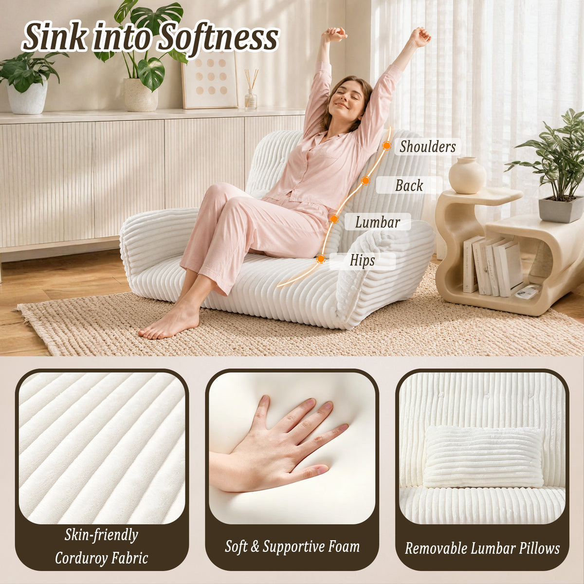 HomeMiYN Striped Plush Foldable Lazy Recliner Armchair with Cushion for Living Room and Bedroom