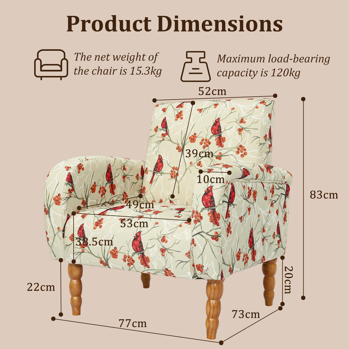 HomeMiYN Upholstered Living Room Armchair with Solid Wood Legs