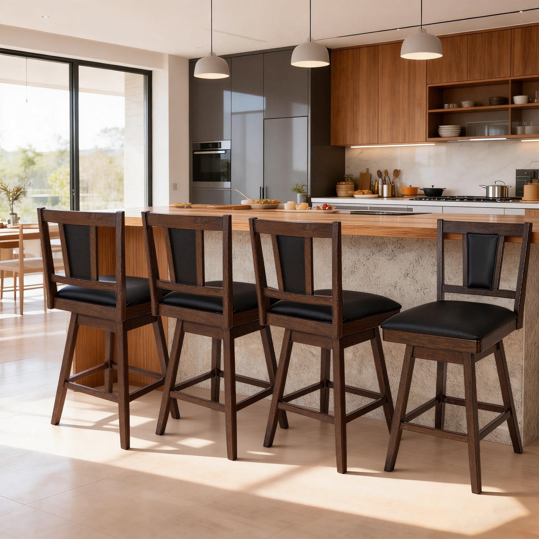 2 Set of Swivel Bar Stool with Vertical Padded Back & Seat – Mid-Century Modern Counter Height Chair