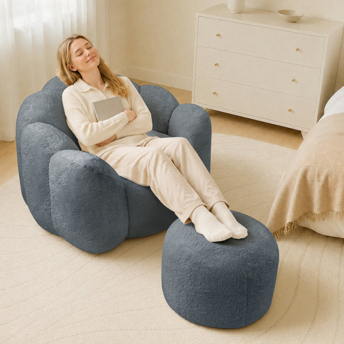HomeMiYN Plush Bean Bag Chair with Stool for Living Room and Bedroom