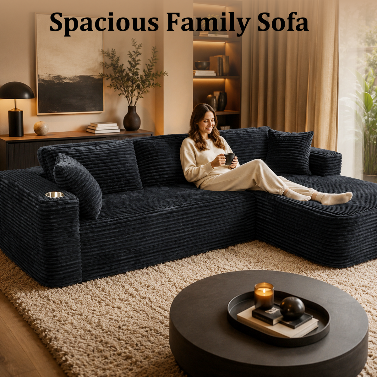 HomeMiYN 265cm 3-Seater L-Shaped Corner Sofa with Chaiselounge, No Assembly Required
