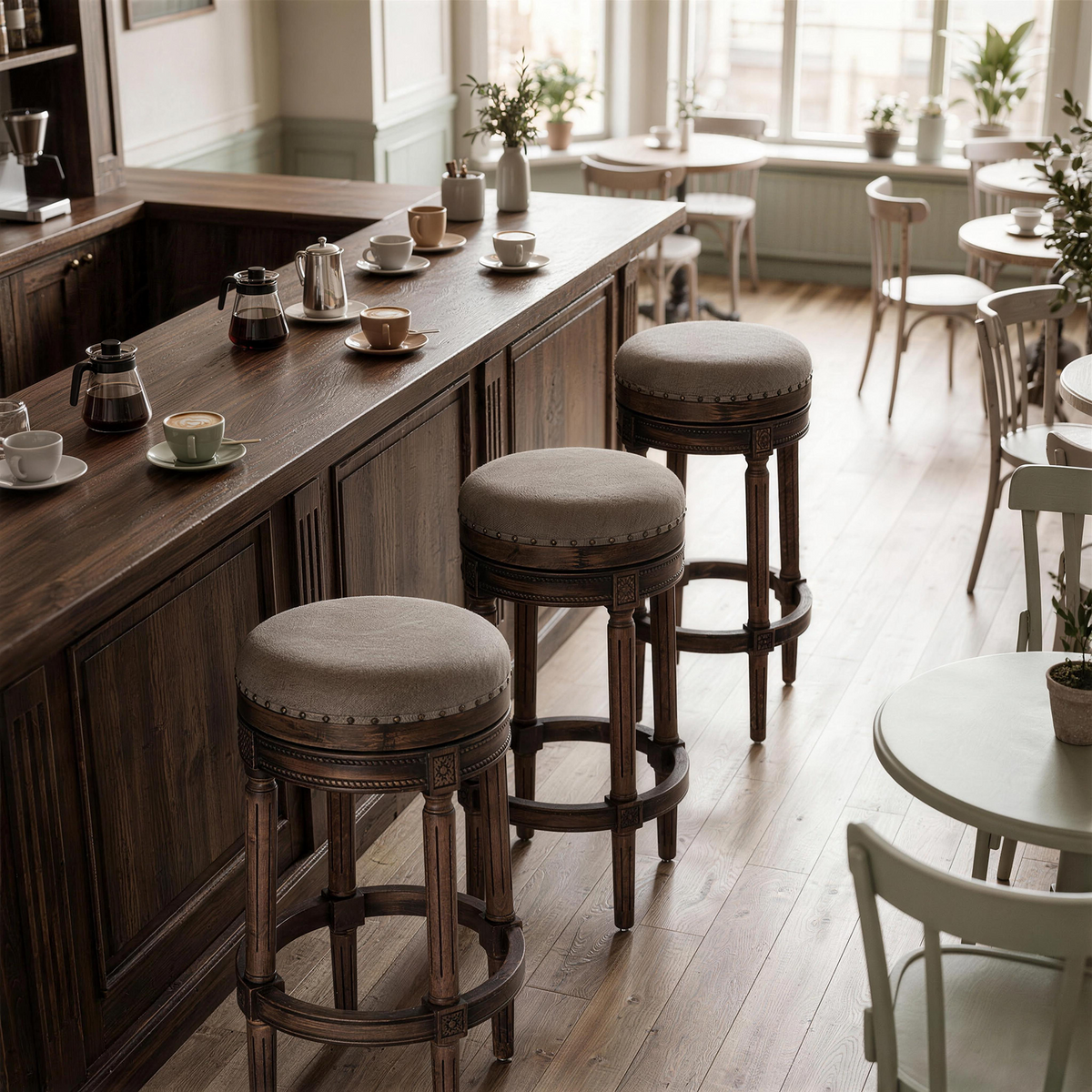 HomeMiYN Wooden Swivel Bar Stool Upholstered Retro Design with Studs