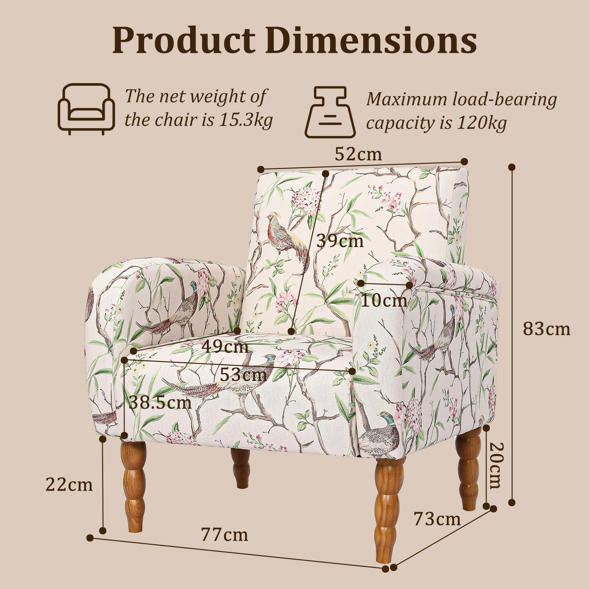 HomeMiYN Upholstered Living Room Armchair with Solid Wood Legs