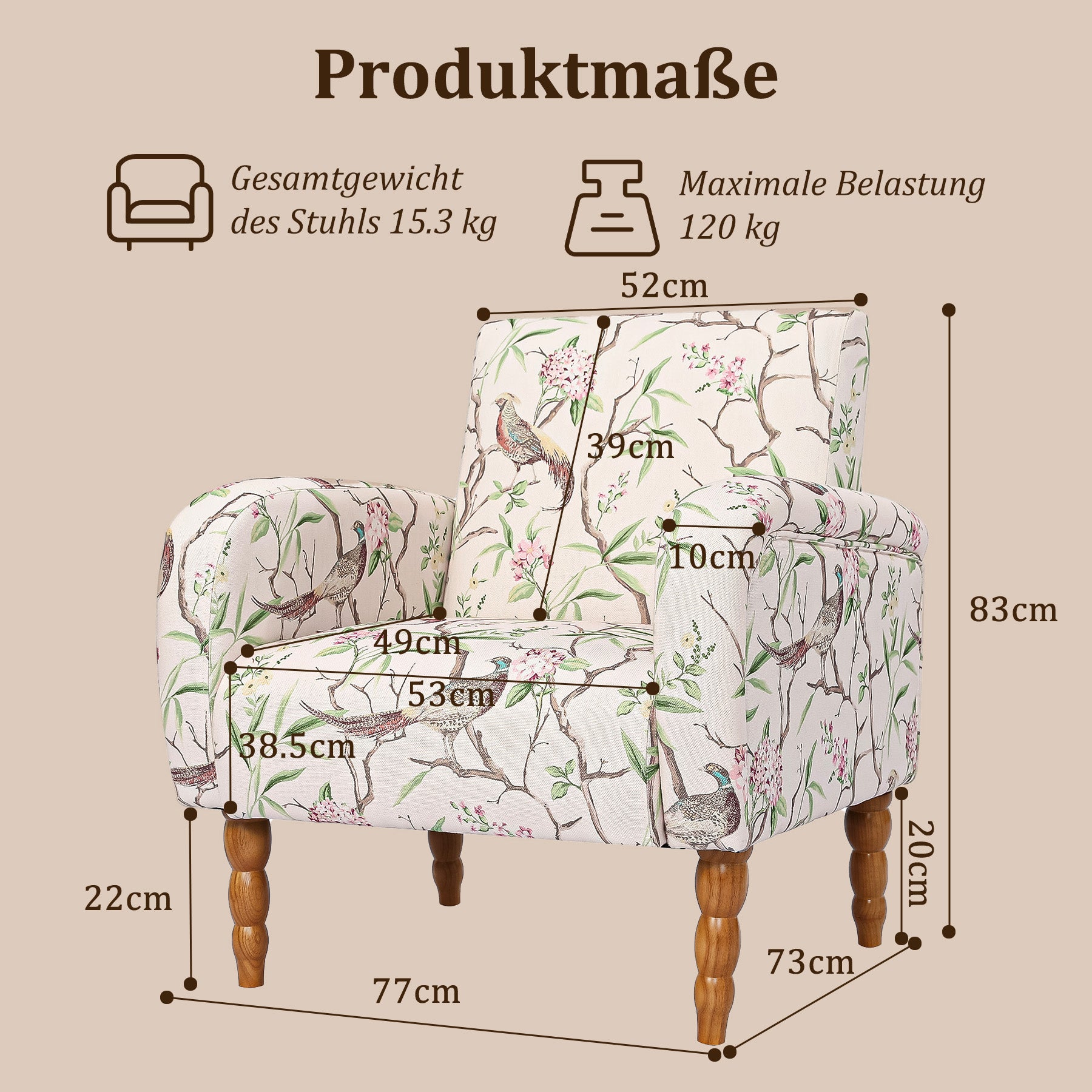 Polstersessel mit Blumenmuster, Vintage Akzentstuhl | Elegantes Blumenmuster, bequeme Polsterung und stabile Holzbeine, ideal für Wohnzimmer, Schlafzimmer und Leseecke.