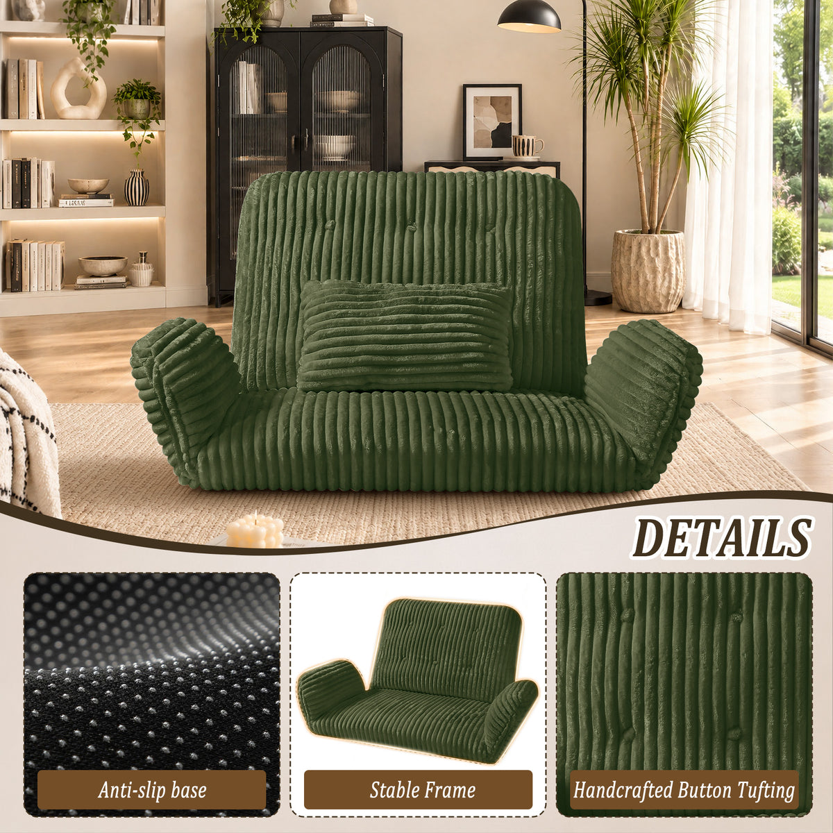 HomeMiYN Striped Plush Foldable Lazy Recliner Armchair with Cushion for Living Room and Bedroom