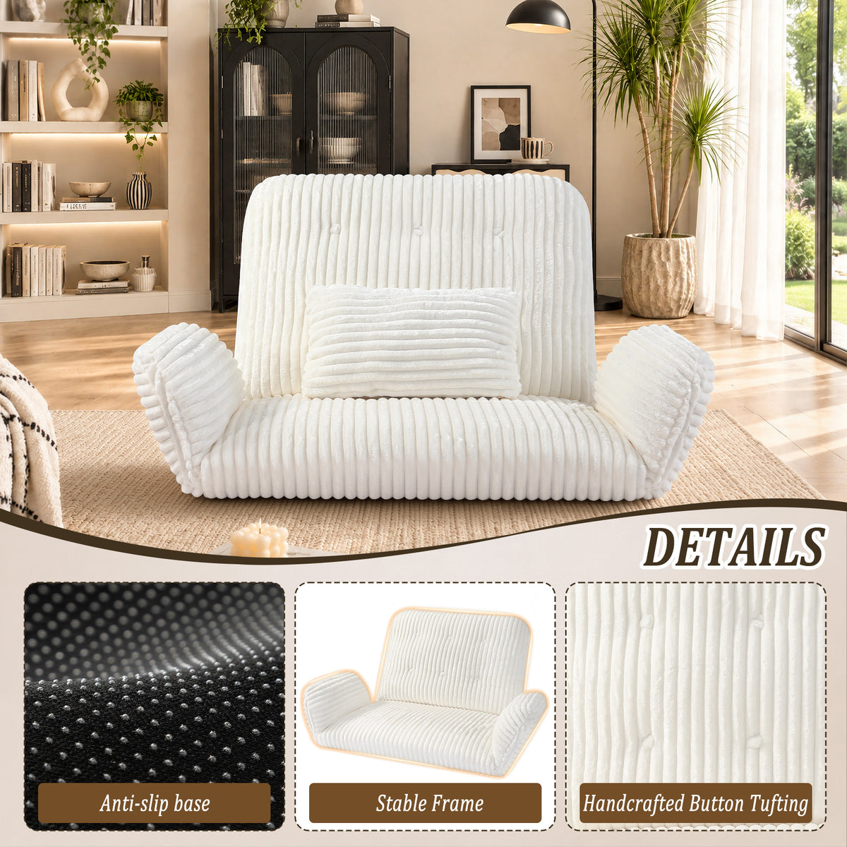 HomeMiYN Striped Plush Foldable Lazy Recliner Armchair with Cushion for Living Room and Bedroom