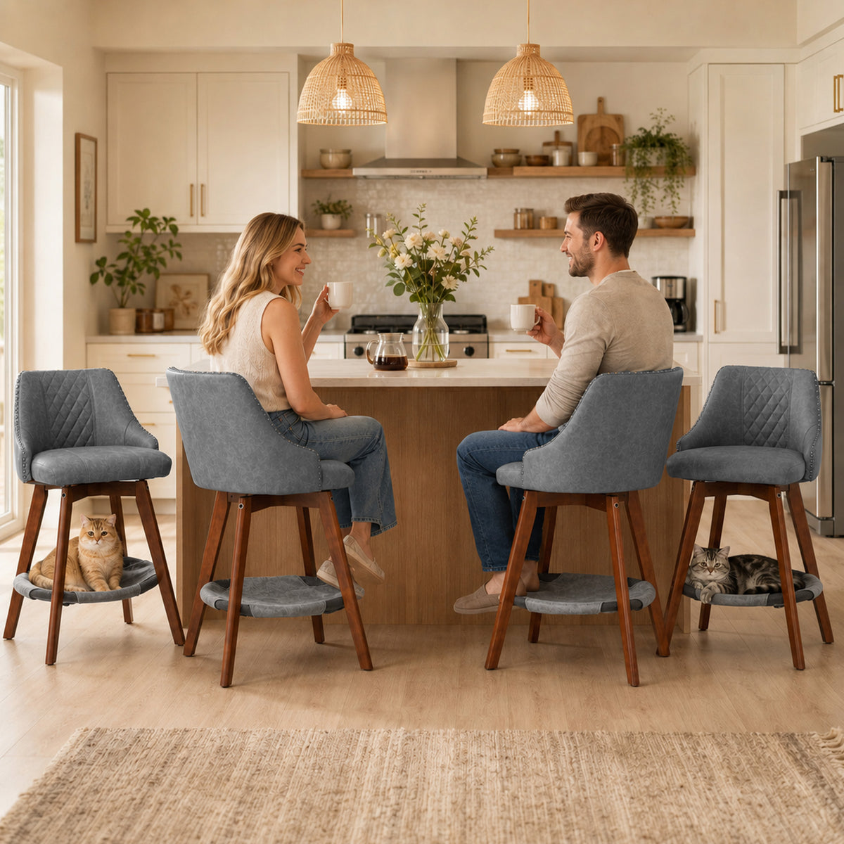 HomeMiYN Set of 2 Wooden Rotatable Padded Bar Stools with Pet Cave