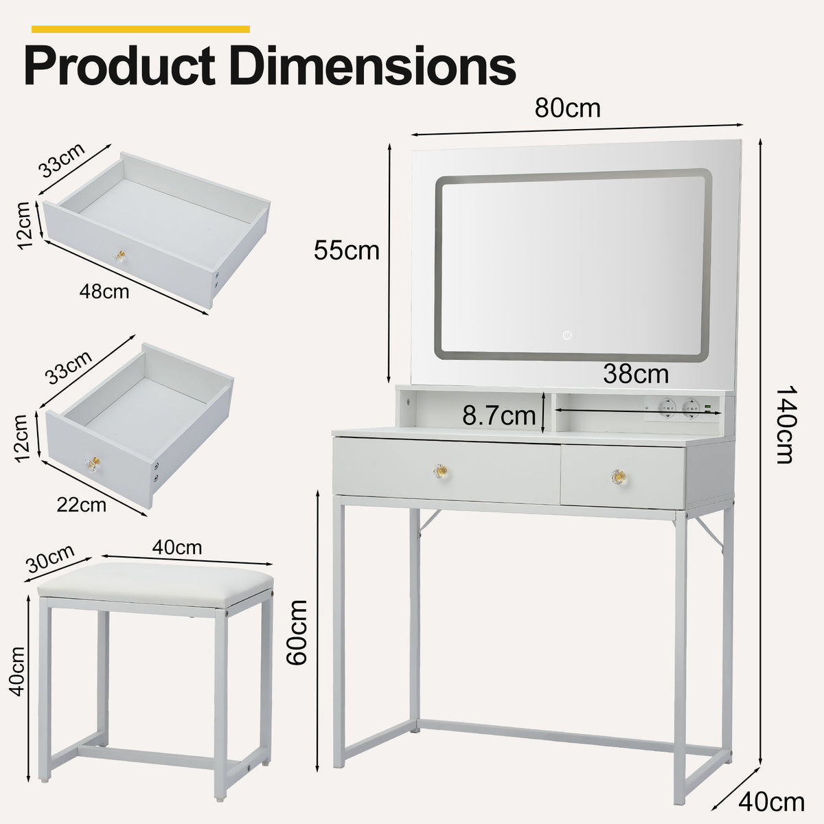 HomeMiYN Dressing Table with LED Lighting and Stool Small with Socket