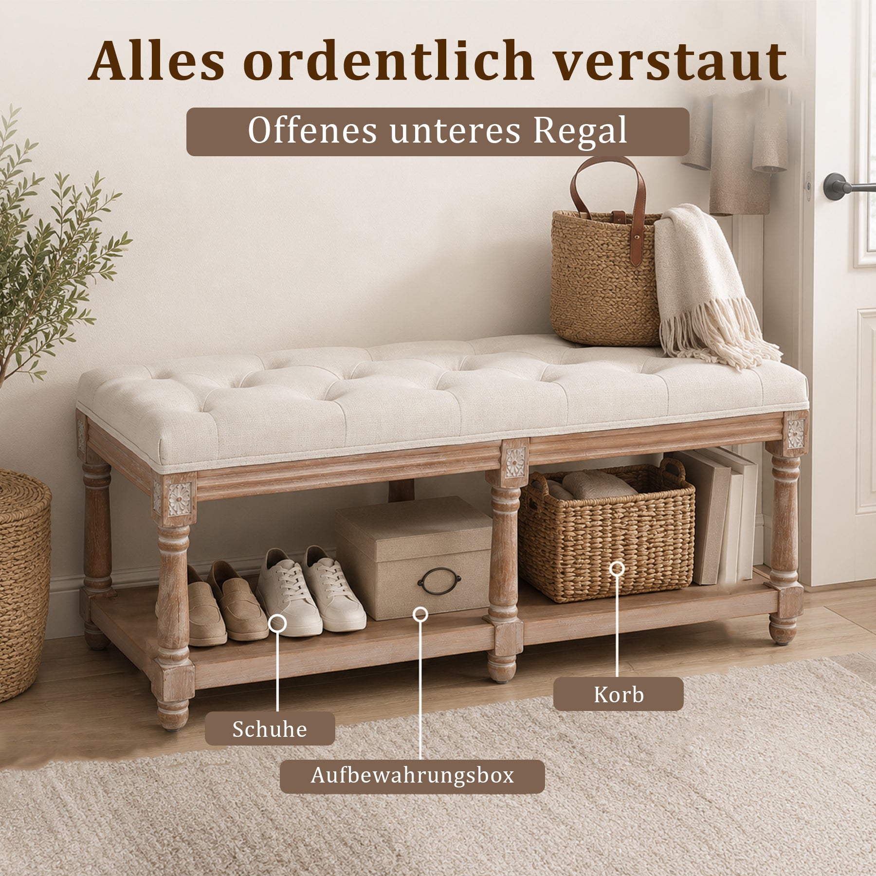 Schuhbank für 2 Personen, Polsterbank mit Schuhablage für 10 Paar Schuhe, Bequeme Sitzbank, Natur-grau,114 * 40 * 49cm,Kaffeebraun