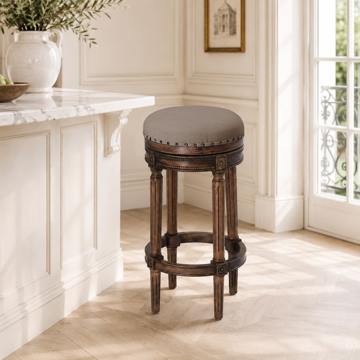 HomeMiYN Wooden Swivel Bar Stool Upholstered Retro Design with Studs