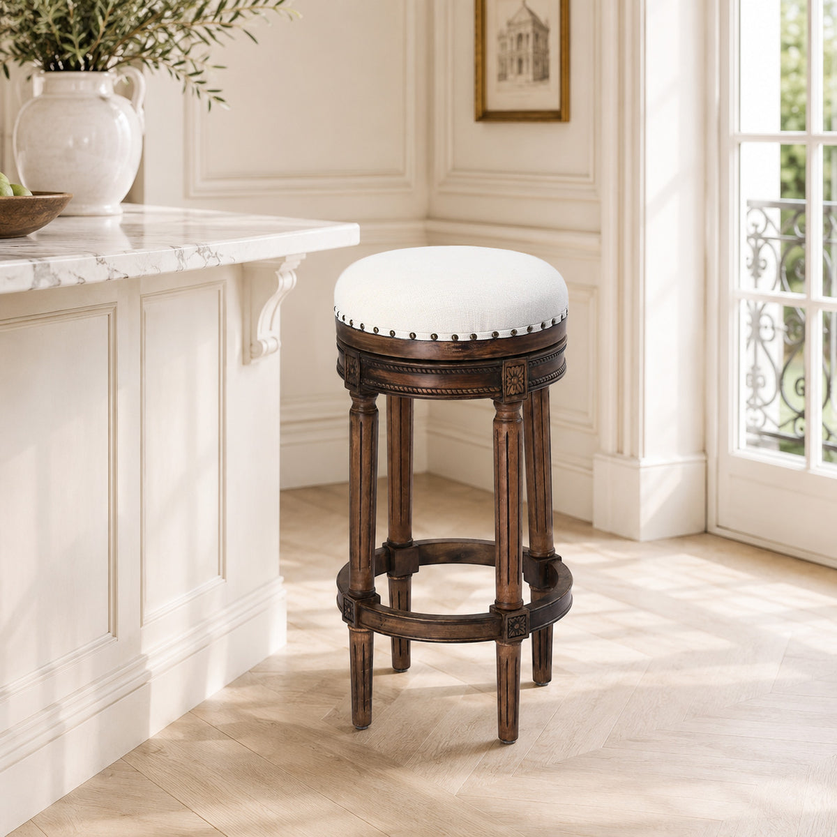 HomeMiYN Wooden Swivel Bar Stool Upholstered Retro Design with Studs