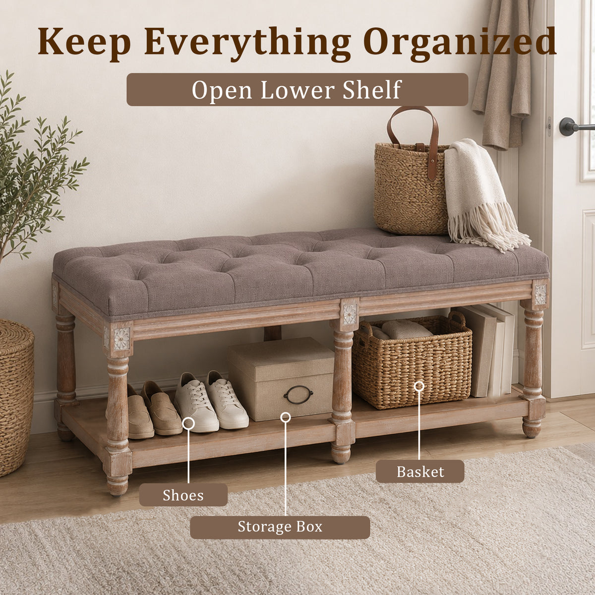 HomeMiYN 2-Seat Upholstered Storage Bench for Hallway and Bedroom