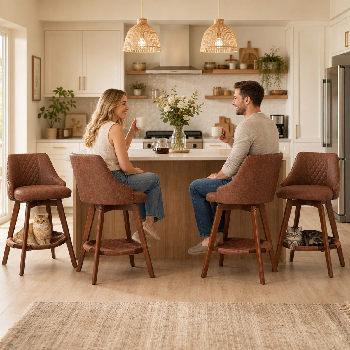 HomeMiYN Set of 2 Wooden Rotatable Padded Bar Stools with Pet Cave