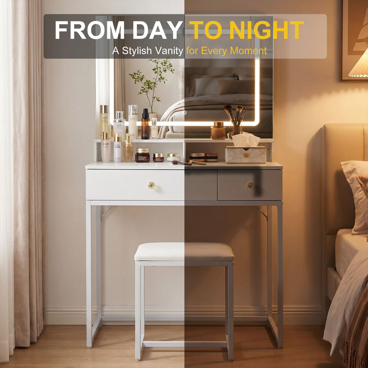 HomeMiYN Dressing Table with LED Lighting and Stool Small with Socket