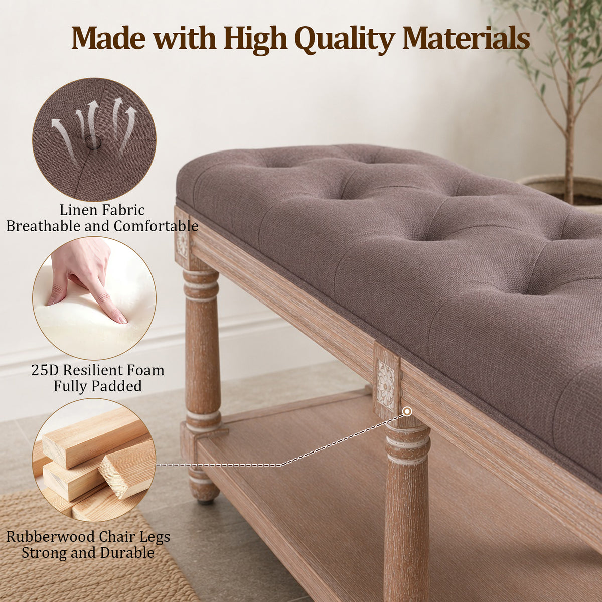 HomeMiYN 2-Seat Upholstered Storage Bench for Hallway and Bedroom
