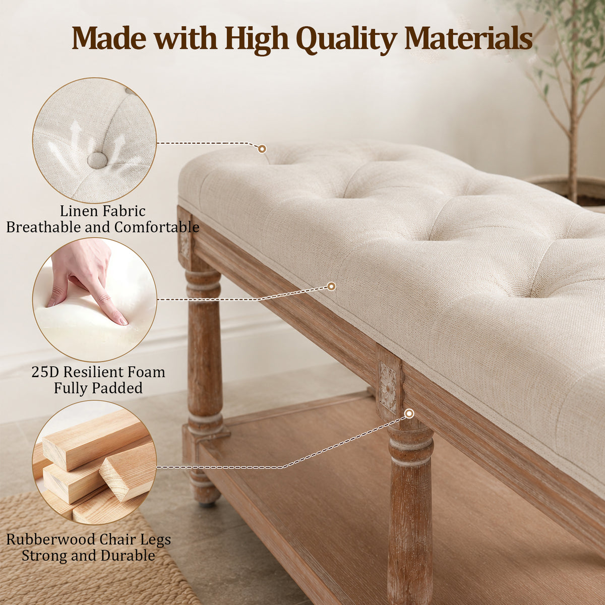 HomeMiYN 2-Seat Upholstered Storage Bench for Hallway and Bedroom
