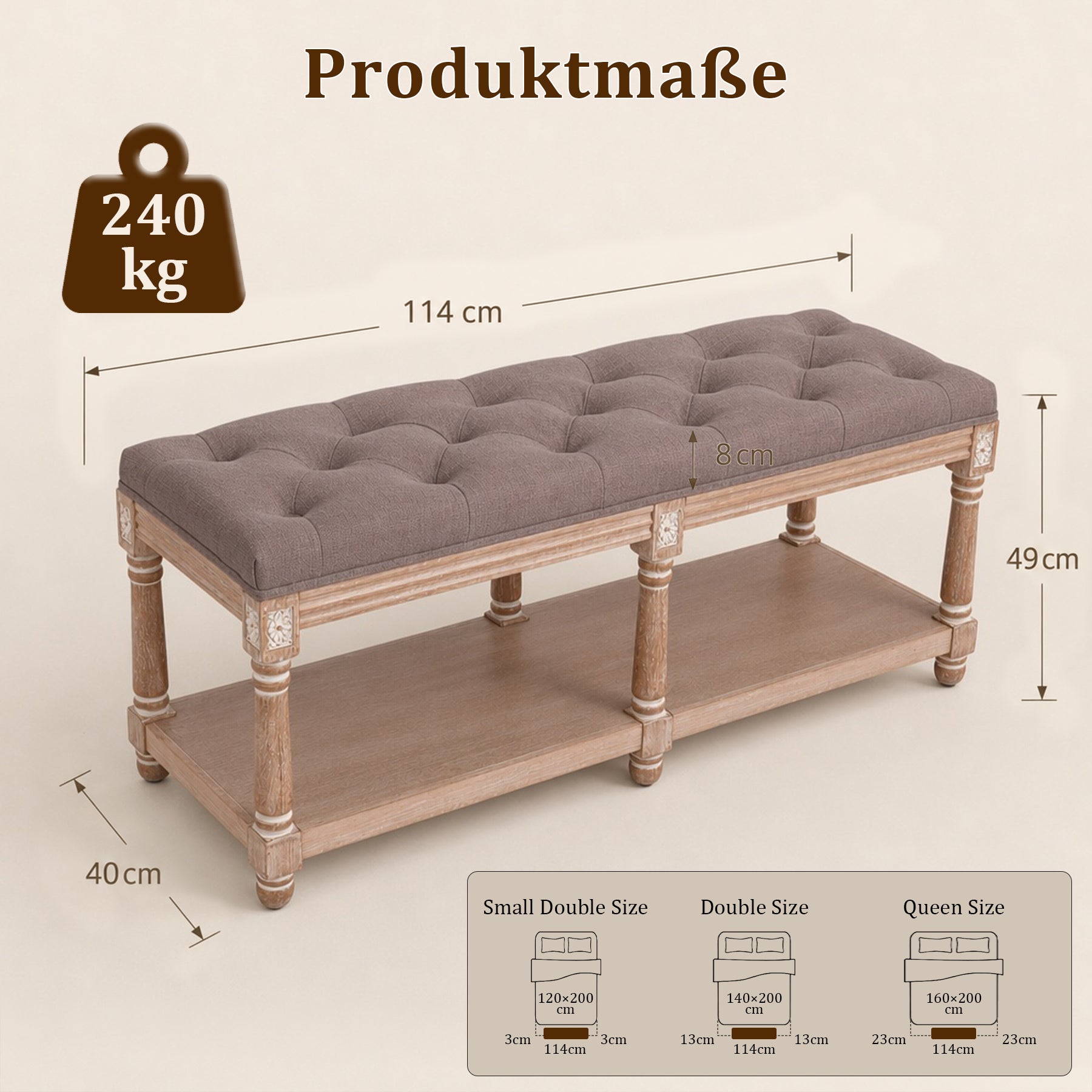 Schuhbank für 2 Personen, Polsterbank mit Schuhablage für 10 Paar Schuhe, Bequeme Sitzbank, Natur-grau,114 * 40 * 49cm,Kaffeebraun