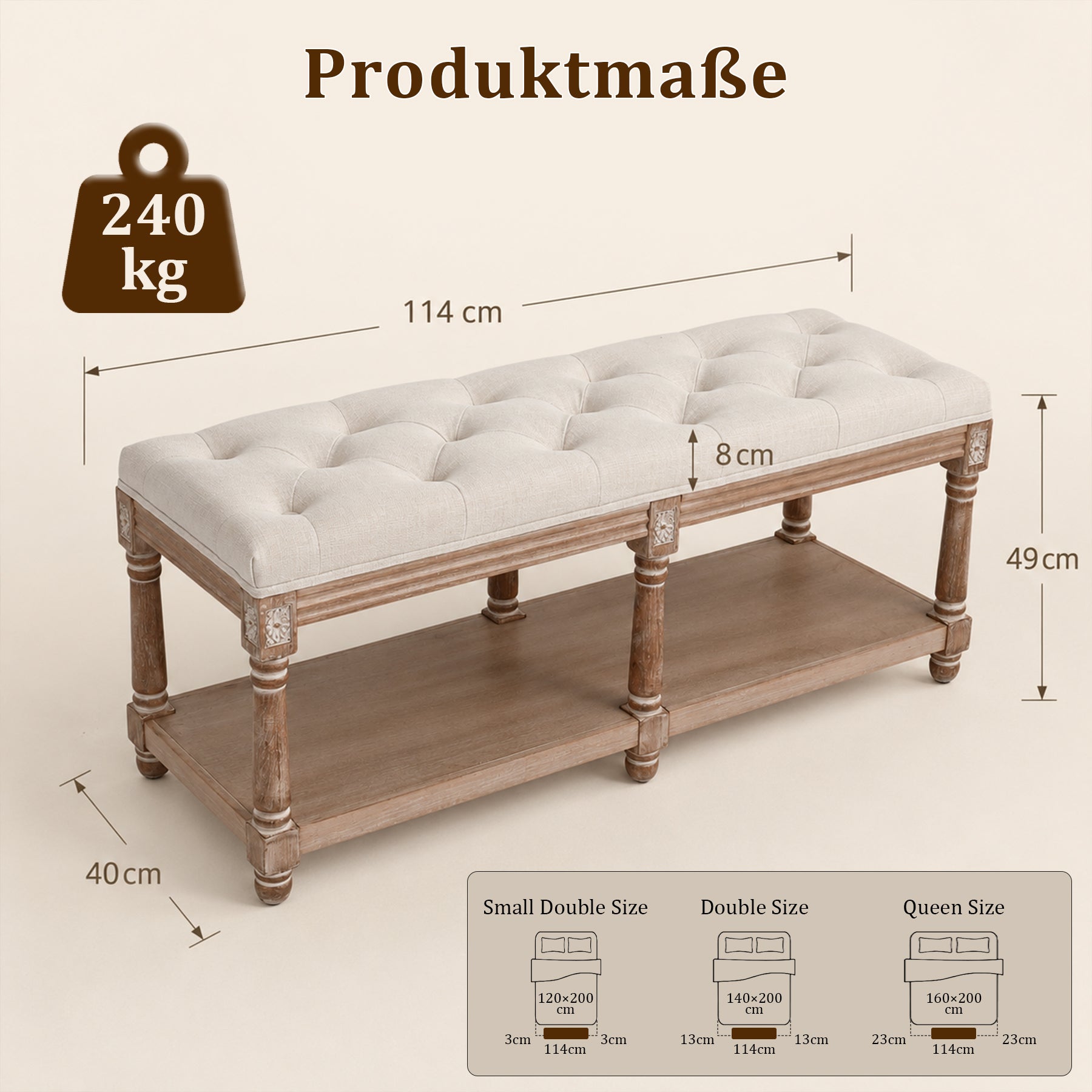 Schuhbank für 2 Personen, Polsterbank mit Schuhablage für 10 Paar Schuhe, Bequeme Sitzbank, Natur-grau,114 * 40 * 49cm,Kaffeebraun