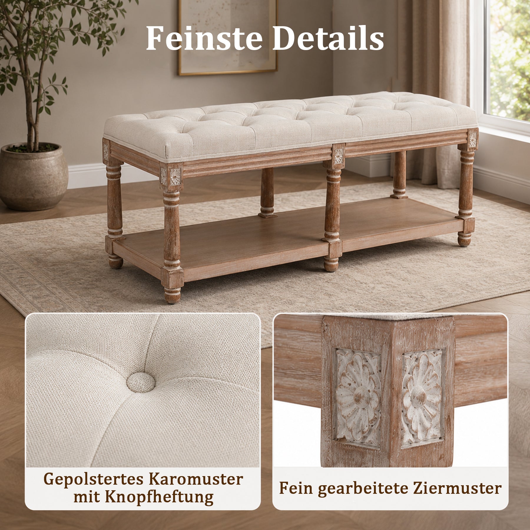 Schuhbank für 2 Personen, Polsterbank mit Schuhablage für 10 Paar Schuhe, Bequeme Sitzbank, Natur-grau,114 * 40 * 49cm,Kaffeebraun