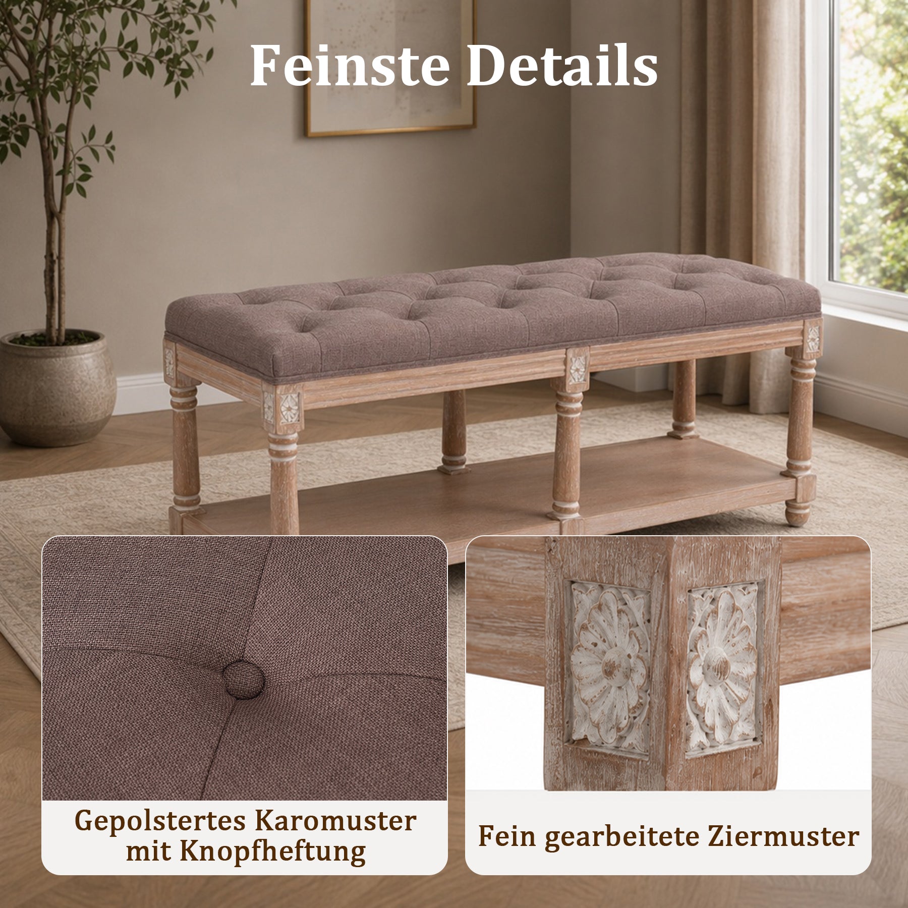 Schuhbank für 2 Personen, Polsterbank mit Schuhablage für 10 Paar Schuhe, Bequeme Sitzbank, Natur-grau,114 * 40 * 49cm,Kaffeebraun