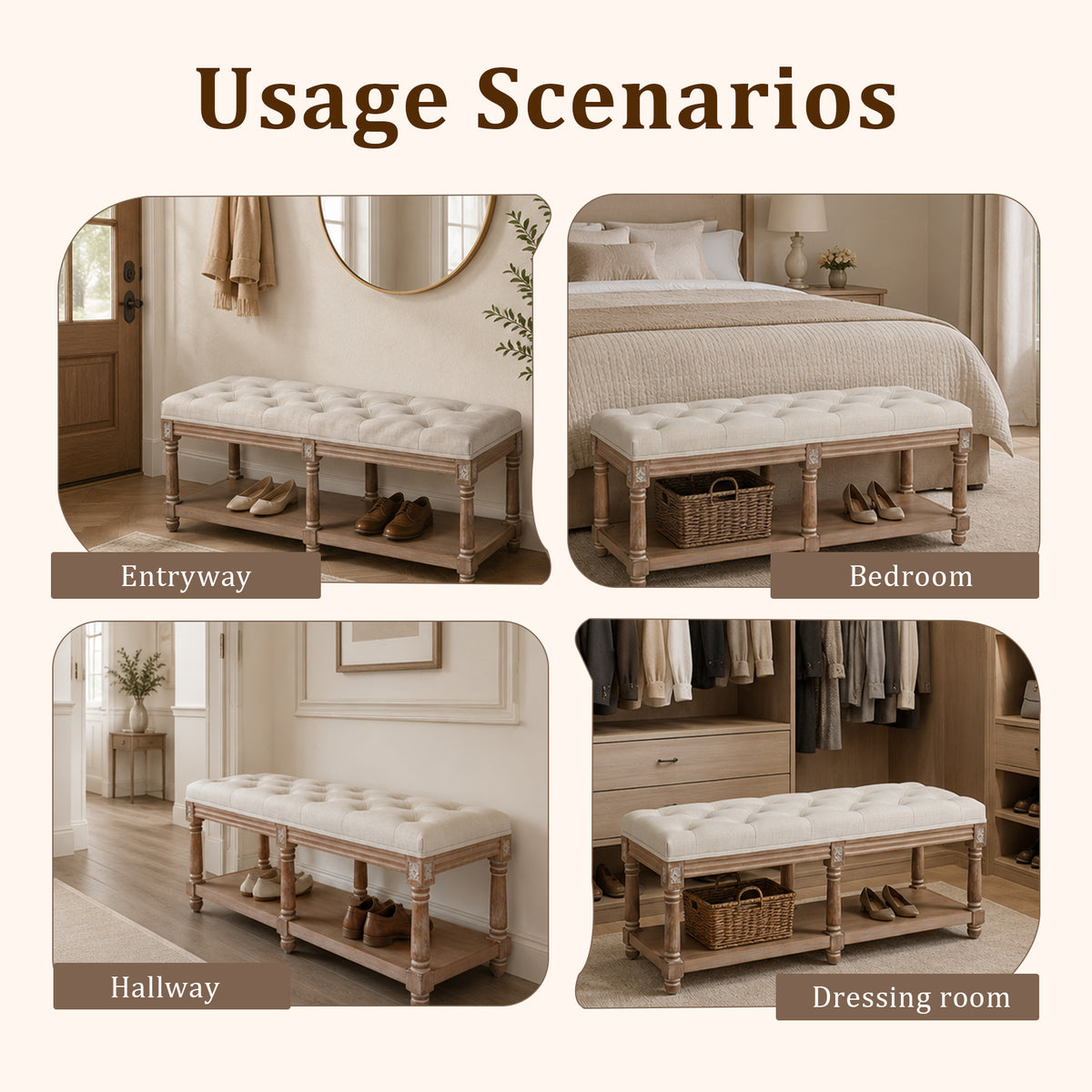 HomeMiYN 2-Seat Upholstered Storage Bench for Hallway and Bedroom