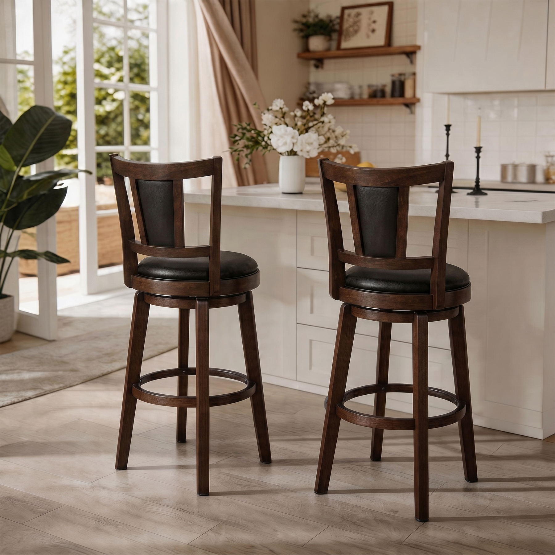 Austen 2 Set of Swivel Bar Stool with Square Padded Back & Seat – Mid-Century Modern Counter Height Chair