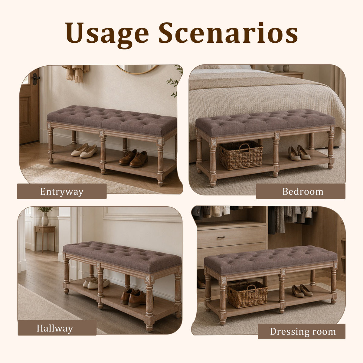 HomeMiYN 2-Seat Upholstered Storage Bench for Hallway and Bedroom