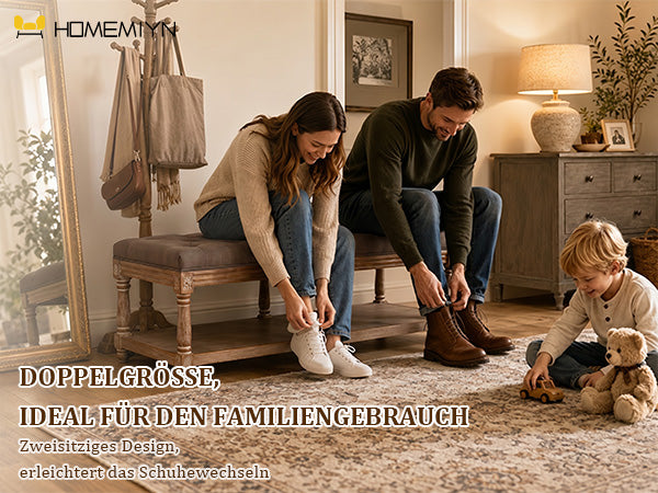 Schuhbank für 2 Personen, Polsterbank mit Schuhablage für 10 Paar Schuhe, Bequeme Sitzbank, Natur-grau,114 * 40 * 49cm,Kaffeebraun