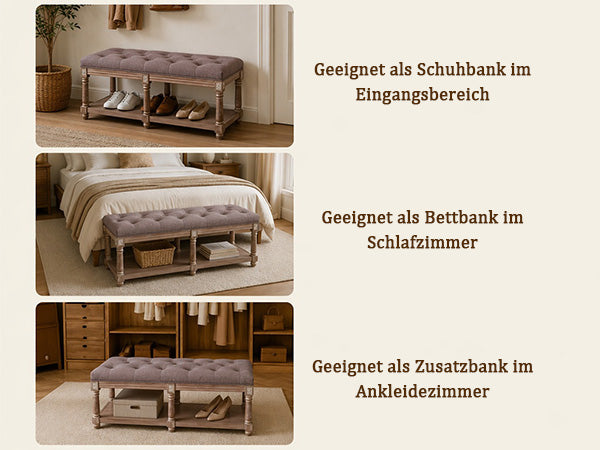 Schuhbank für 2 Personen, Polsterbank mit Schuhablage für 10 Paar Schuhe, Bequeme Sitzbank, Natur-grau,114 * 40 * 49cm,Kaffeebraun