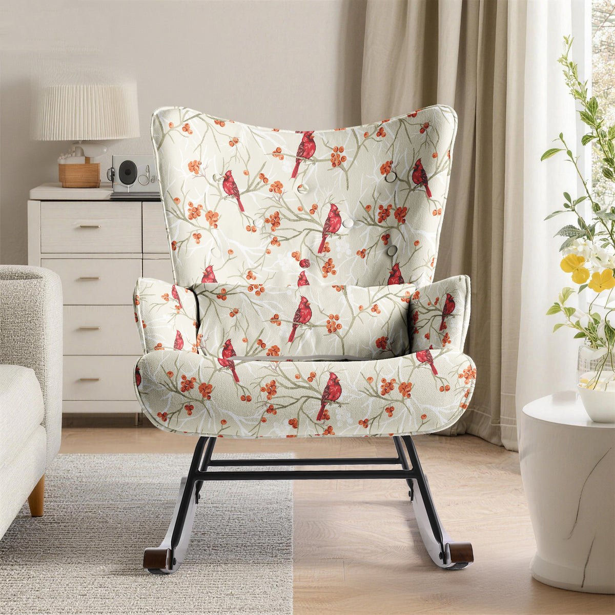 HomeMiYN Modern Single Rocking Chair, Printed Linen-Look Fabric with Ample Cushioned Seat