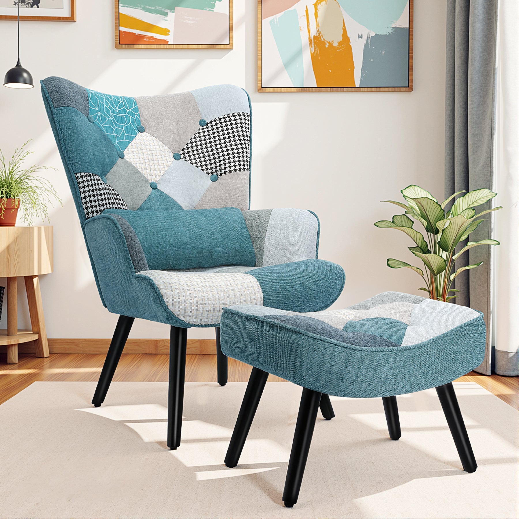 Single Seater Linen Sofa with Blue Throw Pillow