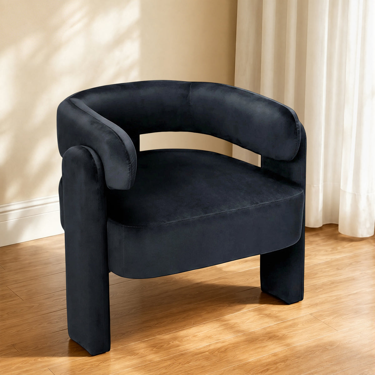 HomeMiYN Small Black Velvet Lounge Chair Solid Wood Frame for Living Room