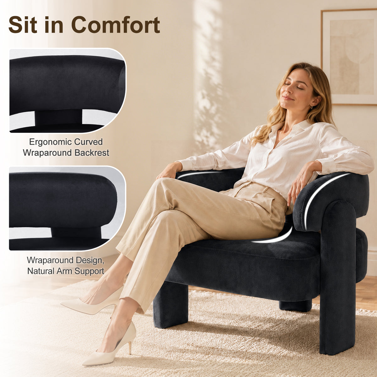 HomeMiYN Small Black Velvet Lounge Chair Solid Wood Frame for Living Room
