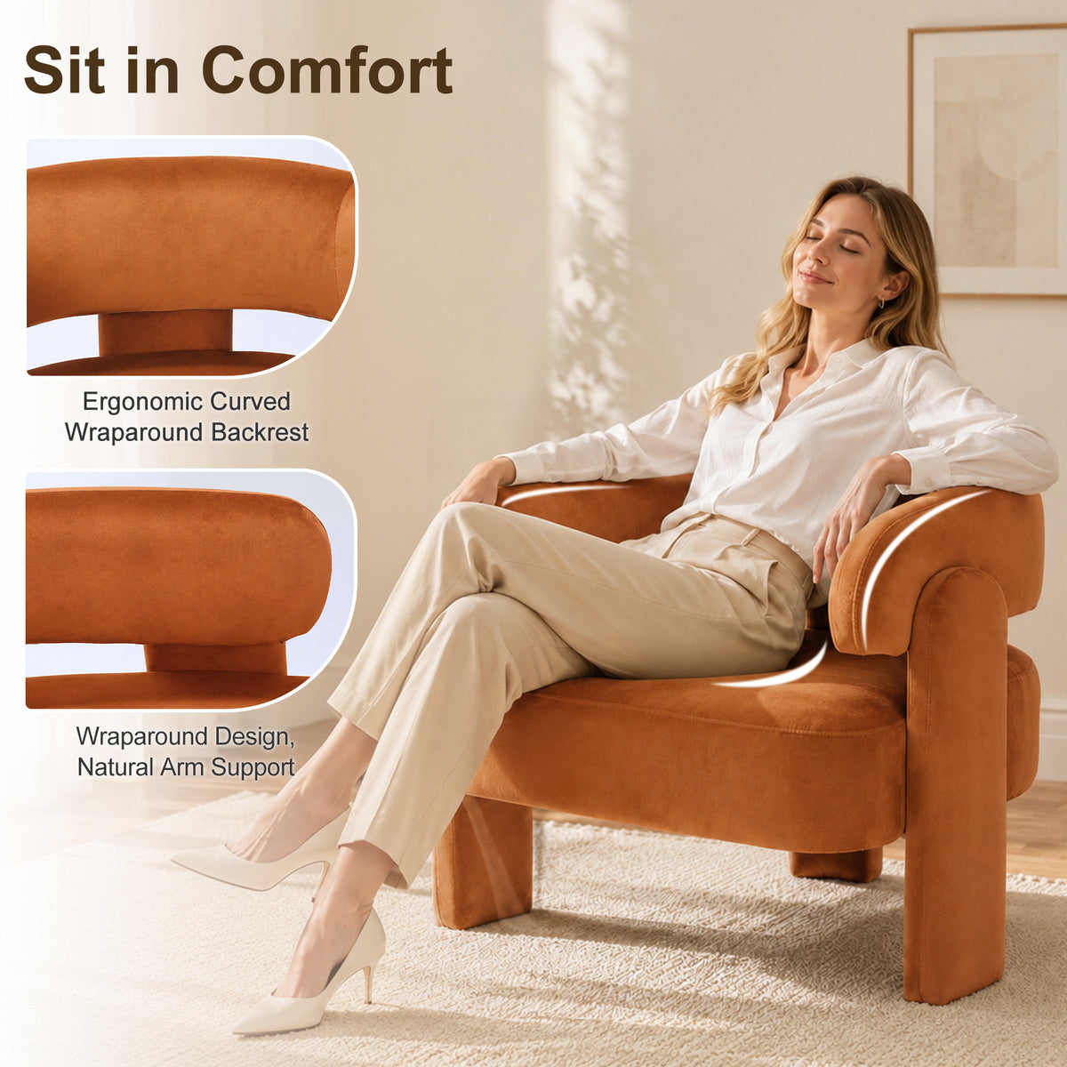 HomeMiYN Small Black Velvet Lounge Chair Solid Wood Frame for Living Room