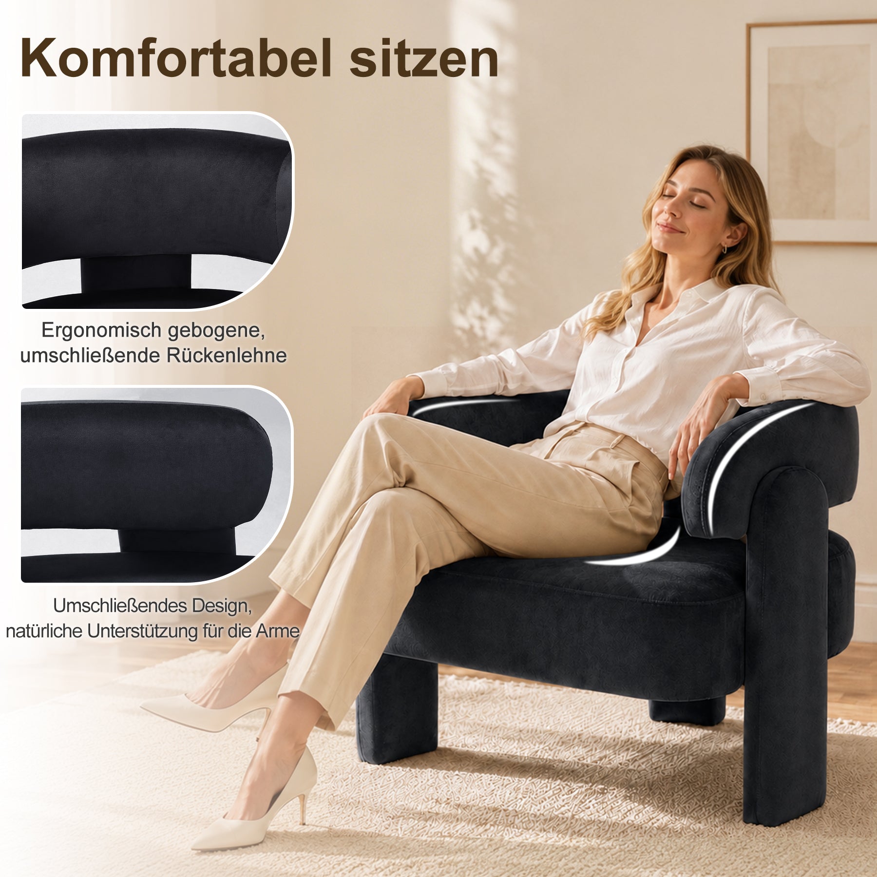 Geschwungener Samt-Sessel, Massivholzrahmen, Orange | Bequemer Sessel, ergonomisches Design, stabile Füße, maximale Belastbarkeit 120 kg, für Wohnzimmer, Schlafzimmer und Leseecke