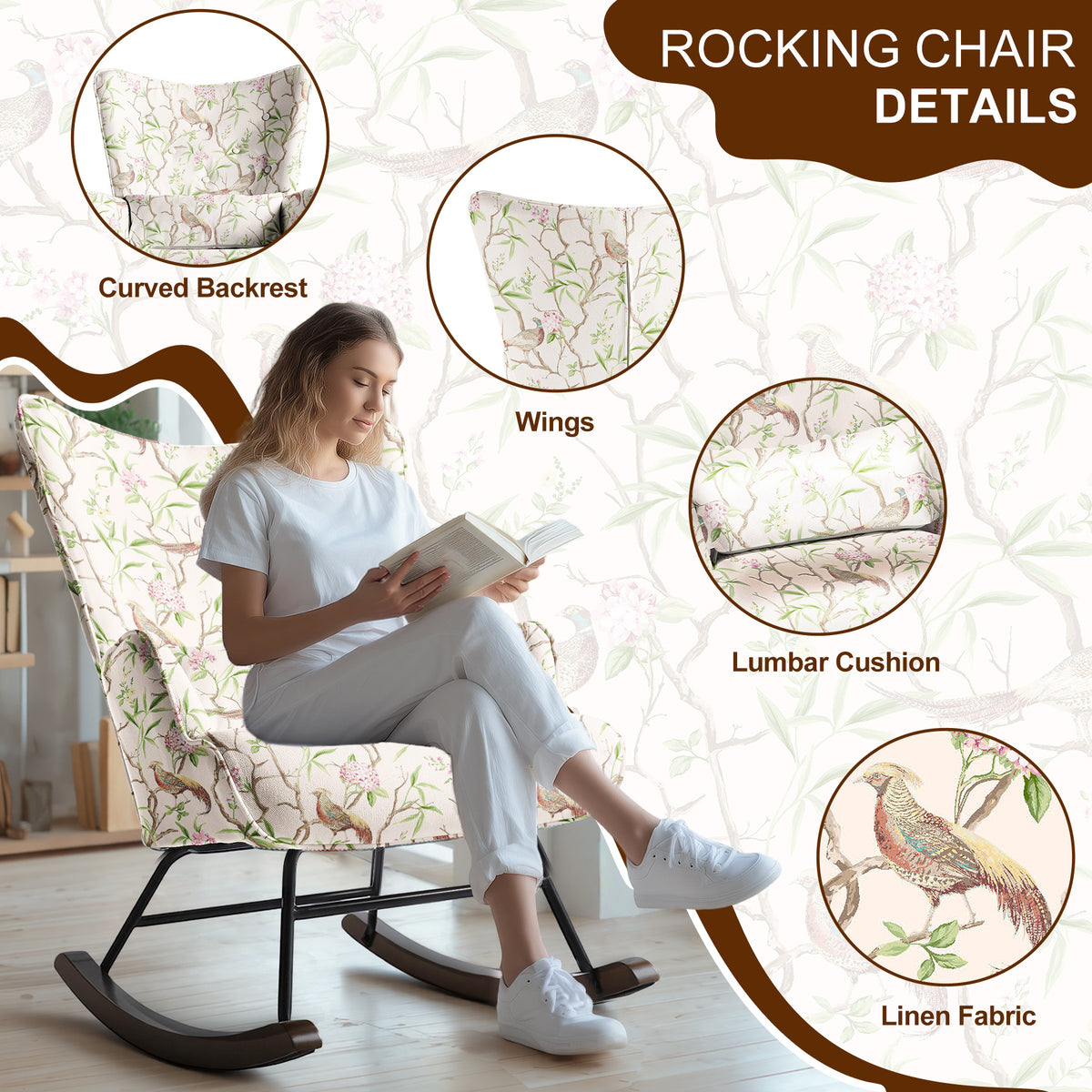 HomeMiYN Modern Single Rocking Chair, Printed Linen-Look Fabric with Ample Cushioned Seat