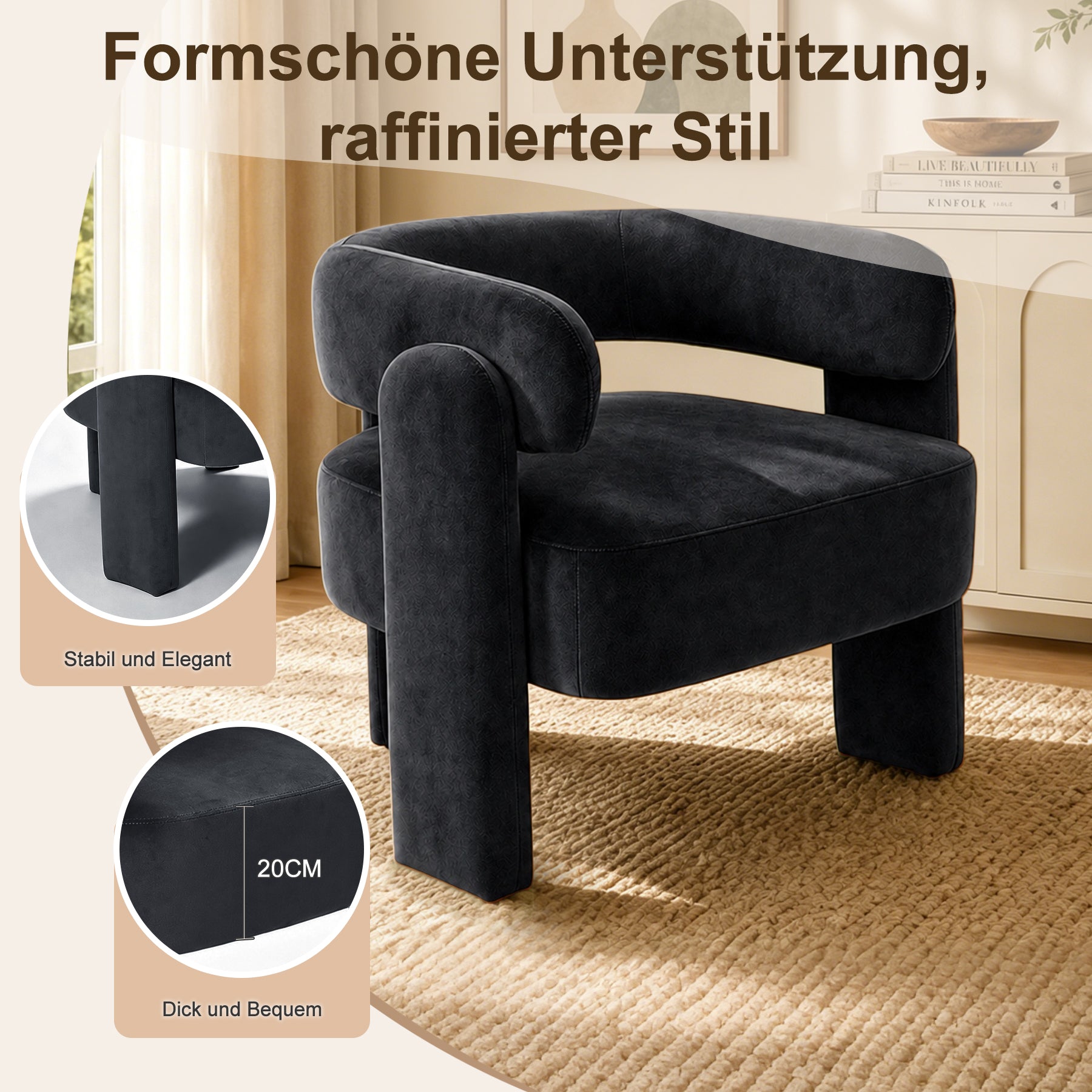 Geschwungener Samt-Sessel, Massivholzrahmen, Orange | Bequemer Sessel, ergonomisches Design, stabile Füße, maximale Belastbarkeit 120 kg, für Wohnzimmer, Schlafzimmer und Leseecke