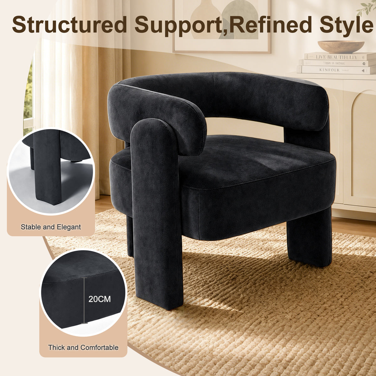 HomeMiYN Small Black Velvet Lounge Chair Solid Wood Frame for Living Room
