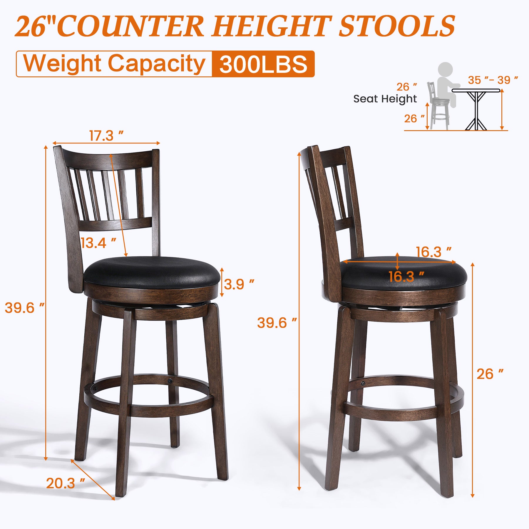 2 Set of Swivel Bar Stool with Padded Back & Seat – Mid-Century Modern Counter Height Chair